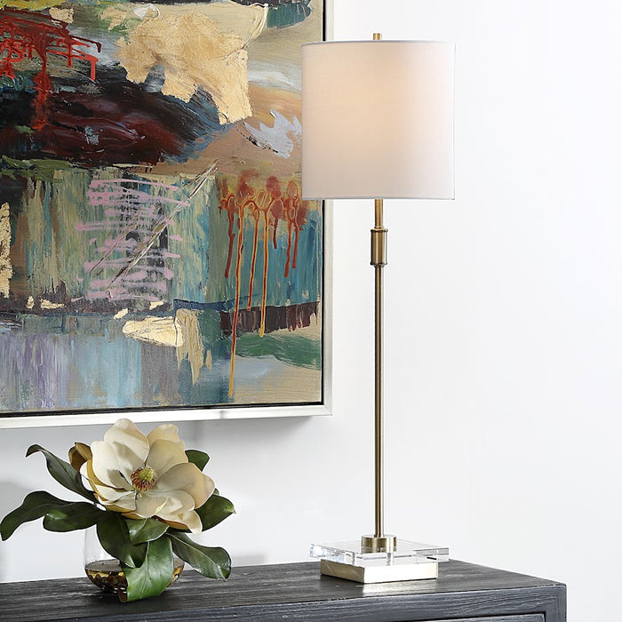 Haus Appeal Bennett 32in Buffet Lamp | Antique Brass & Crystal with White Linen Shade | Living Room & Desk Accent Light | 150W, Dimmable | Model W26143-1