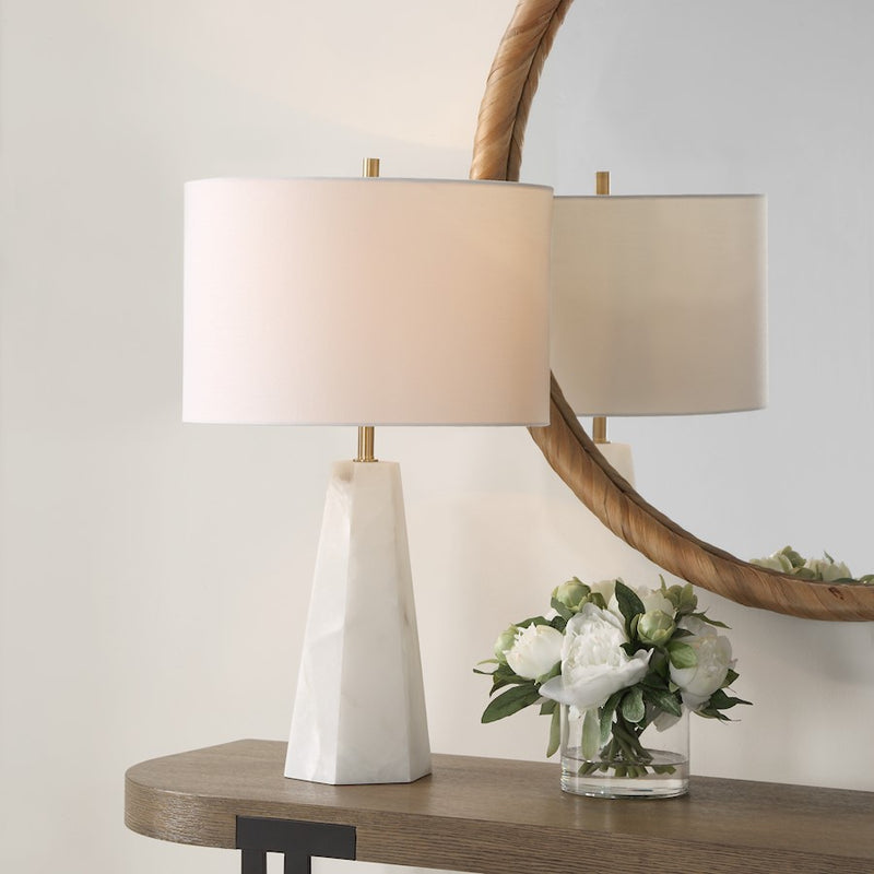 Haus Appeal Sheffield Hexagon Table Lamp | Cream Marble & Antique Brass | Off-White Linen Shade | Living Room & Bedroom Accent Light | Model W26144-1