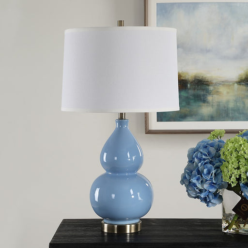 Haus Appeal Mason 26in Table Lamp | Powder Blue Ceramic & Antique Brass | White Linen Shade | Living Room & Bedside Light | 150W Max, 1 Bulb | Model W26155-1