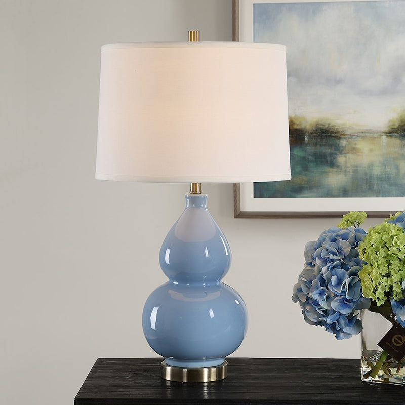 Haus Appeal Mason 26in Table Lamp | Powder Blue Ceramic & Antique Brass | White Linen Shade | Living Room & Bedside Light | 150W Max, 1 Bulb | Model W26155-1