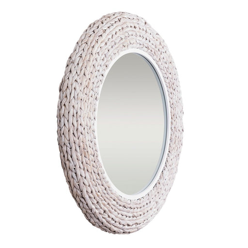 Varaluz Athena 30-in Round Wall Mirror, White/Whitewash Seagrass