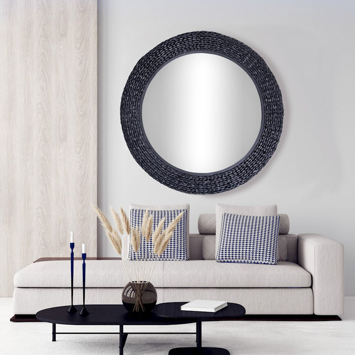 Varaluz Athena 40" Round Wall Mirror, Black/Midnight Blue Seagrass