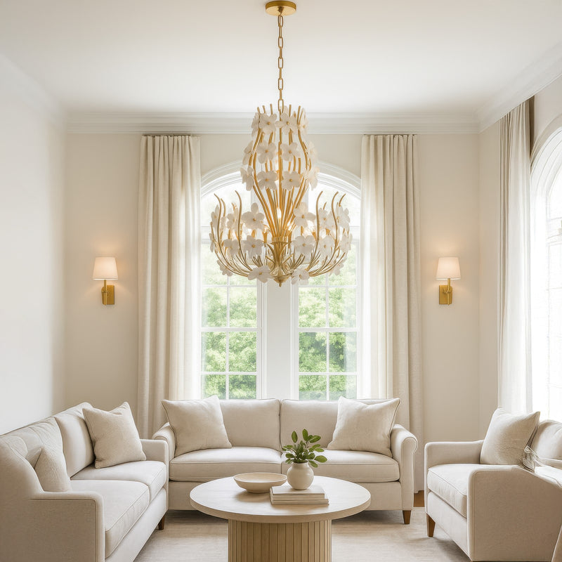 Varaluz Petal Court 9 Light Chandelier, French Gold/Clear and White