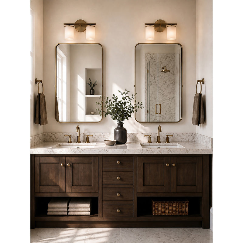 Varaluz Merano 2 Light Bath Vanity, Brushed Brass/White