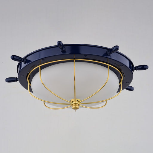 Vaxcel Orleans 2 Light 15"W Flush Mount, Navy Blue/Gold/Frosted Glass