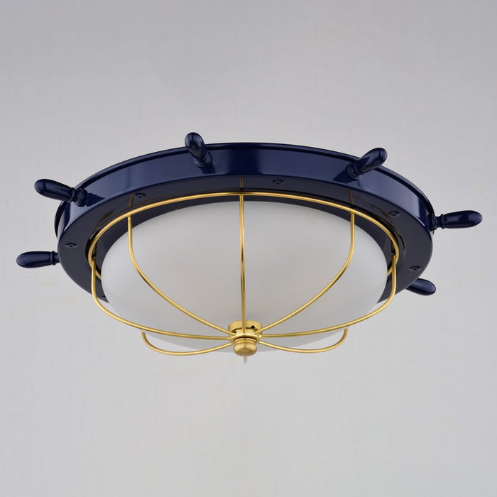 Vaxcel Orleans 2 Light 15"W Flush Mount, Navy Blue/Gold/Frosted Glass