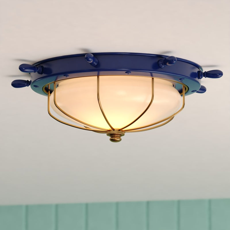 Vaxcel Orleans 2 Light 15"W Flush Mount, Navy Blue/Gold/Frosted Glass