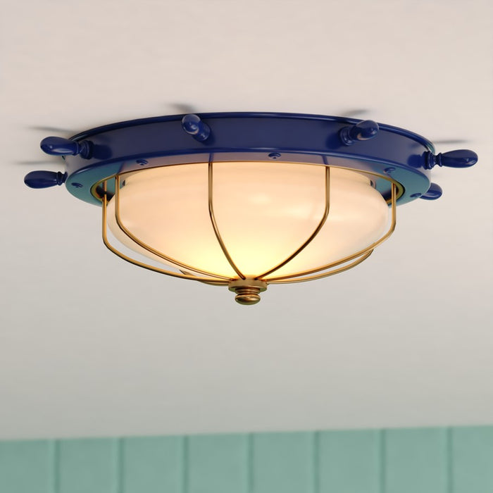 Vaxcel Orleans 2 Light 15"W Flush Mount, Navy Blue/Gold/Frosted Glass