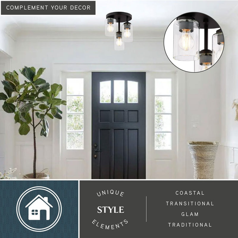 Vaxcel Park Ridge 10.5"W 3 Light Flush Mount, Matte Black/Clear