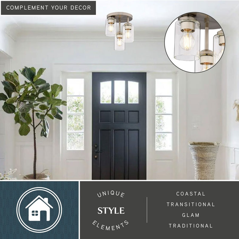 Vaxcel Park Ridge 10.5"W 3 Light Flush Mount, Satin Nickel/Clear