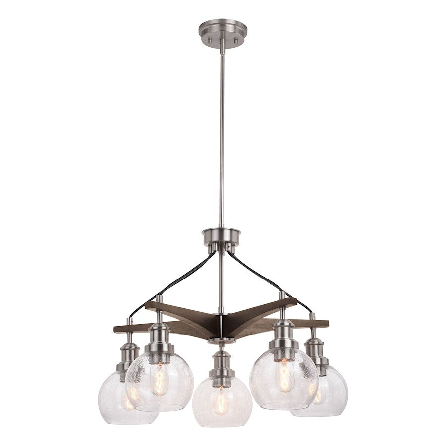 Vaxcel Avondale 5 Light Chandelier Nickel/Dark Sycamore/Clear Seeded