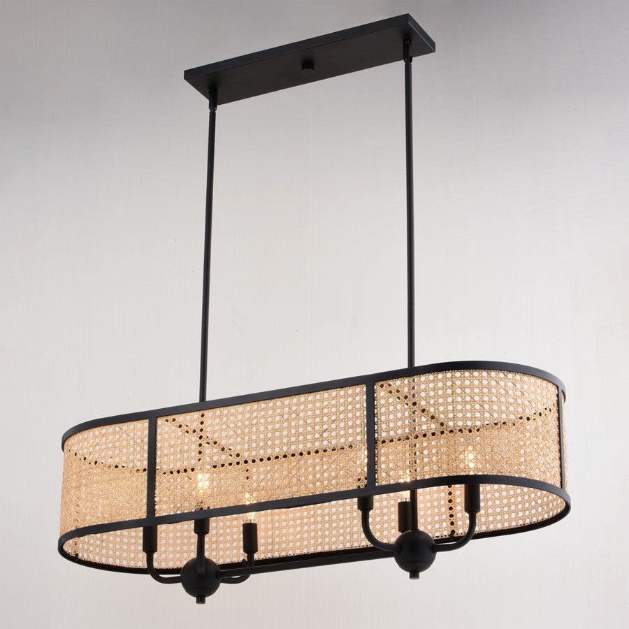 Vaxcel Berens 6 Light 36"W Linear Chandelier, Matte Black/Natural Rattan