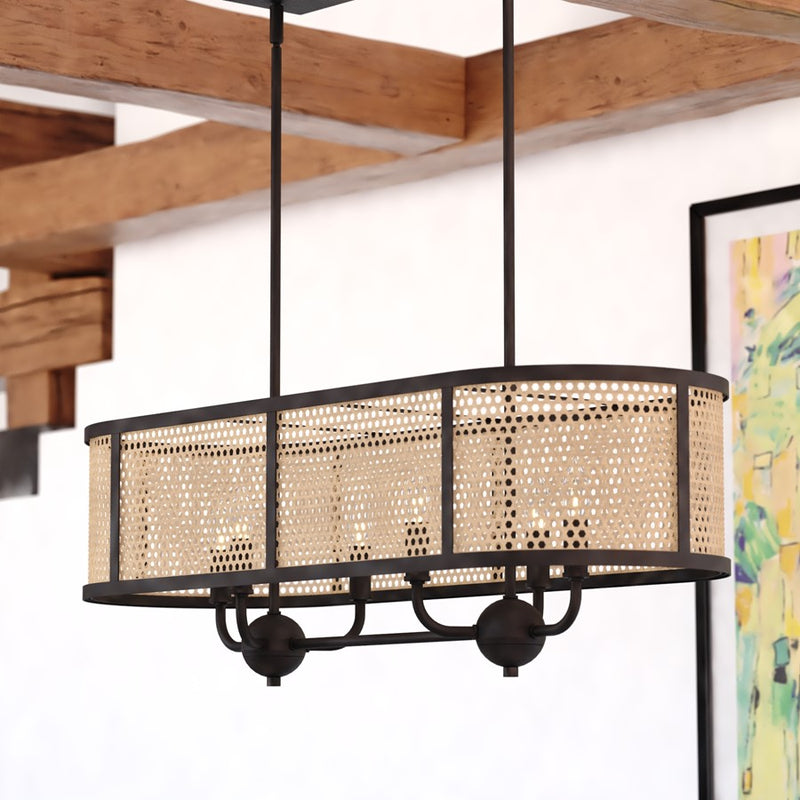 Vaxcel Berens 6 Light 36"W Linear Chandelier, Matte Black/Natural Rattan