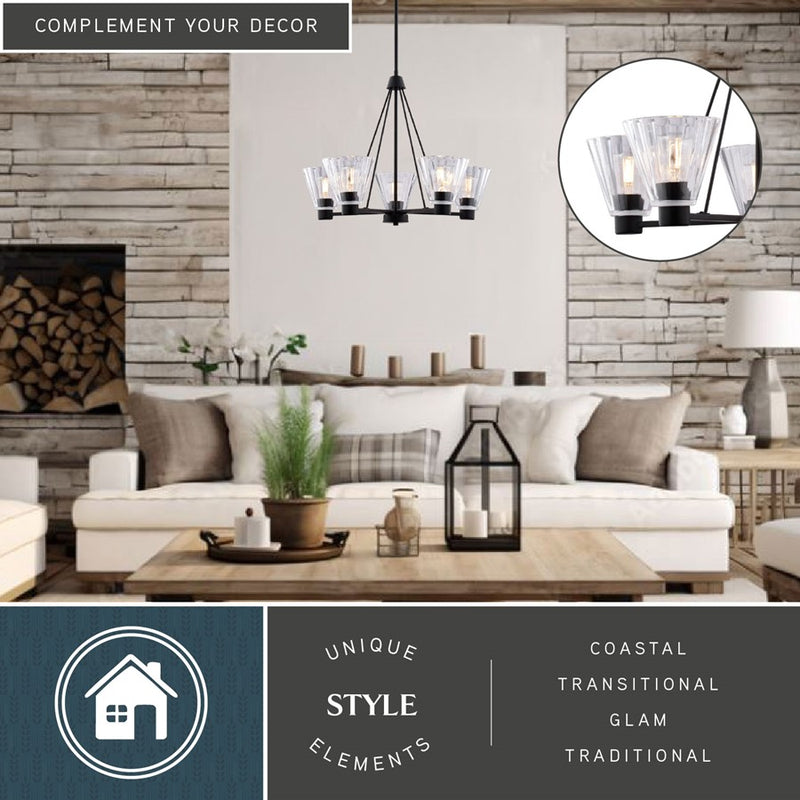 Vaxcel Dalton 25.5" 5 Light Chandelier, Matte Black/Clear
