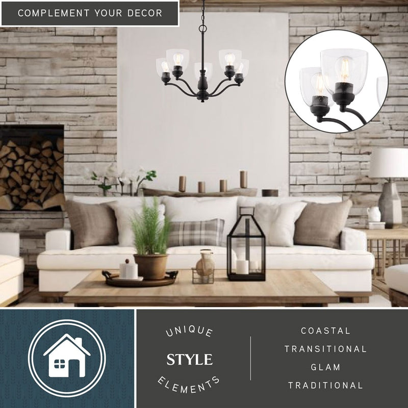 Vaxcel Bellwood 24.5" 5 Light Chandelier, Matte Black/Clear