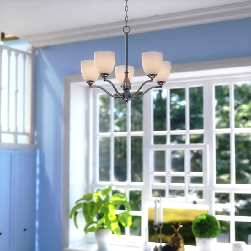 Vaxcel Bellwood 24.5" 5 Light Chandelier, Satin Nickel/White