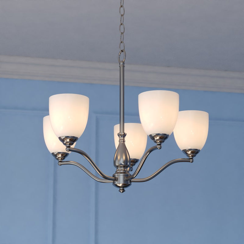 Vaxcel Bellwood 24.5" 5 Light Chandelier, Satin Nickel/White