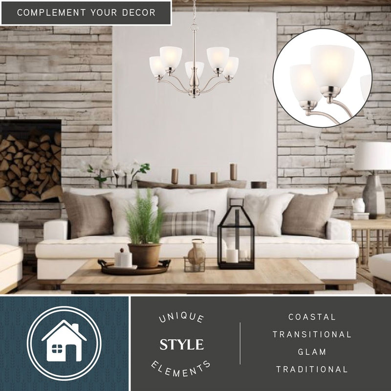 Vaxcel Bellwood 24.5" 5 Light Chandelier, Satin Nickel/White