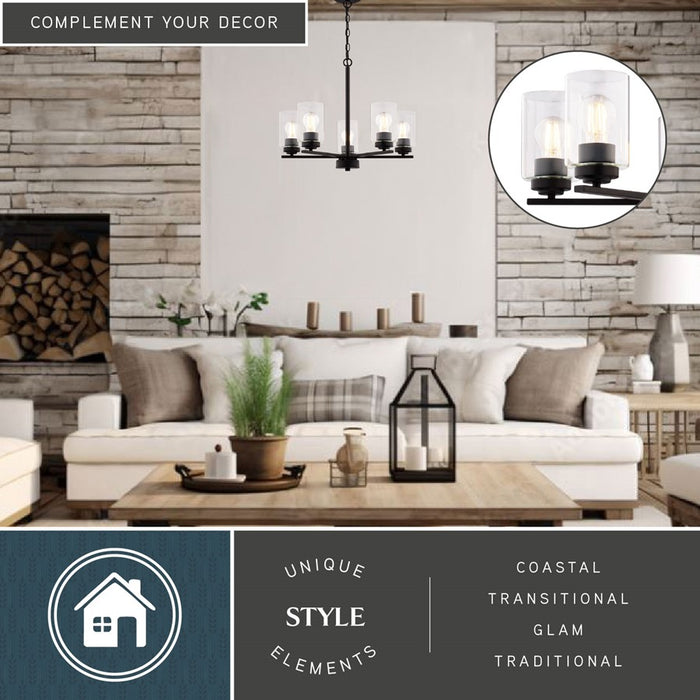 Vaxcel Park Ridge 21"W 5 Light Chandelier, Matte Black/Clear