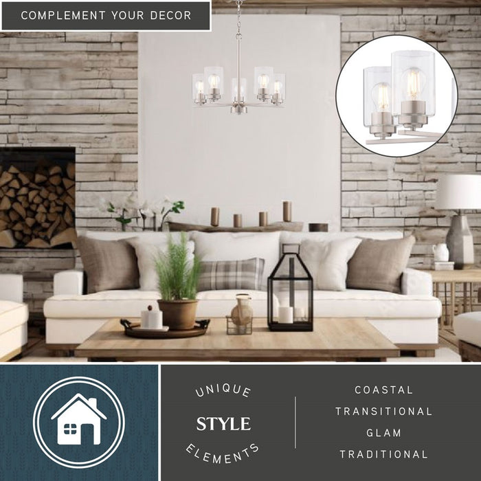 Vaxcel Park Ridge 21"W 5 Light Chandelier, Satin Nickel/Clear