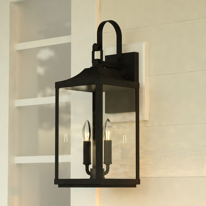 Vaxcel Old Town 2 Light 7"W Outdoor Wall Light, Black/Clear Glass