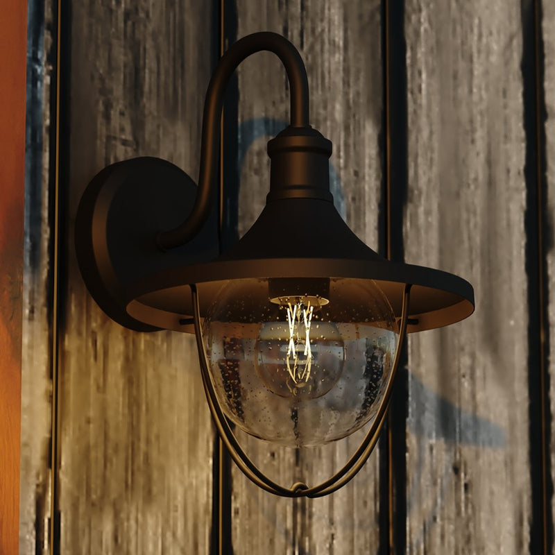 Vaxcel Dunlap 1 Light 9"W Outdoor Wall Light, Black/Clear Seeded Glass