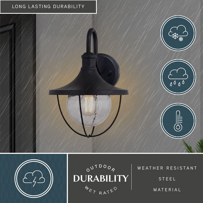 Vaxcel Dunlap 1 Light 9"W Outdoor Wall Light, Black/Clear Seeded Glass