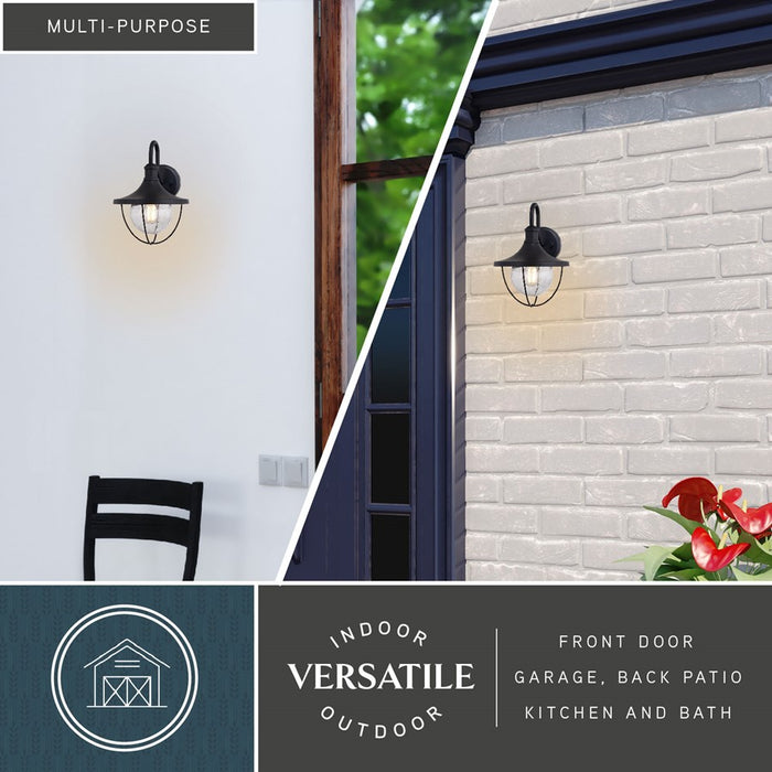 Vaxcel Dunlap 1 Light 9"W Outdoor Wall Light, Black/Clear Seeded Glass