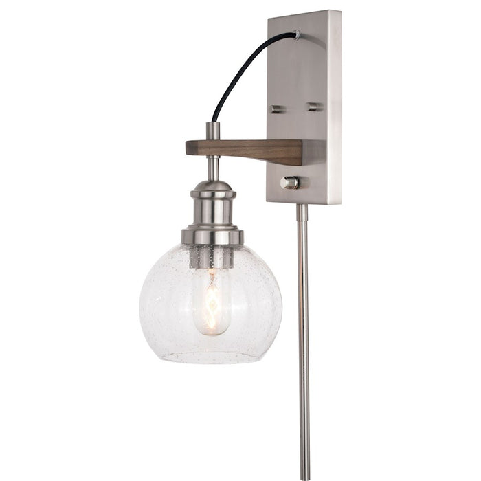 Vaxcel Avondale 1 Light Wall Light, Nickel/Dark Sycamore/Clear Seeded