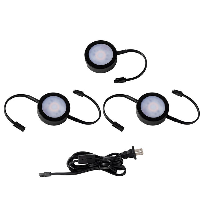 WAC 3Lt LED Puck Lights/6" Wire/6' Cord/Roll Switch, Black/White - HR-AC73-CS-BK