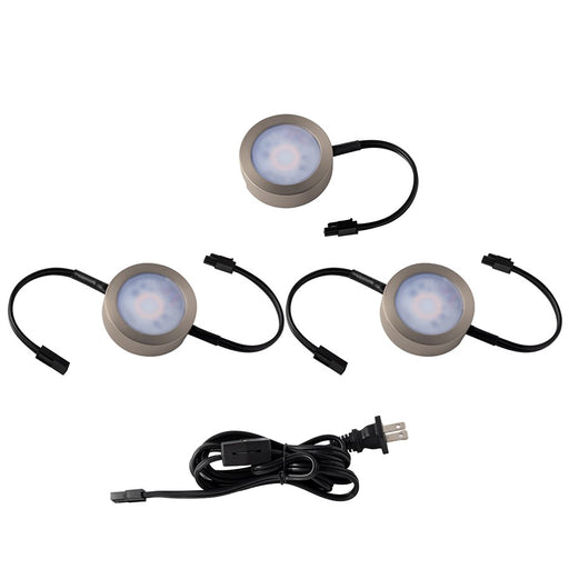 WAC 3Lt LED Puck Lights/6" Wire/6' Cord/Roll Switch, Nickel/WH - HR-AC73-CS-BN