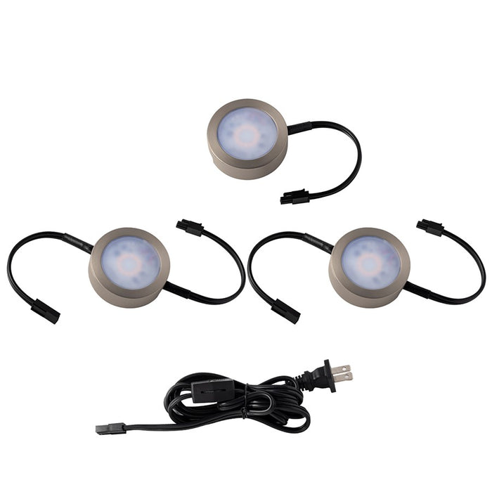 WAC 3Lt LED Puck Lights/6" Wire/6' Cord/Roll Switch, Nickel/WH - HR-AC73-CS-BN
