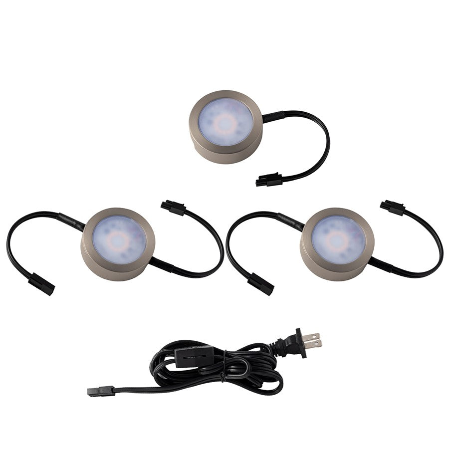 WAC 3Lt LED Puck Lights/6" Wire/6' Cord/Roll Switch, Nickel/WH - HR-AC73-CS-BN