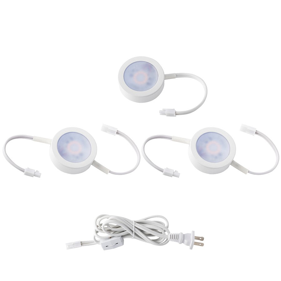 WAC 3Lt LED Puck Lights/6" Wire/6' Cord/Roll Switch, White/White - HR-AC73-CS-WT