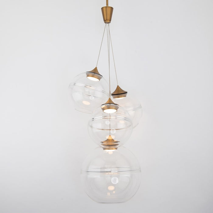 dweLED Bistro LED 4 Light Chandelier 3000K, Aged Brass/Clear
