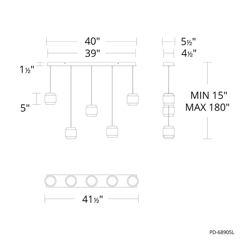 dweLED Banded 5Lt Linear Multi-Light Pendant, Brass/Frosted