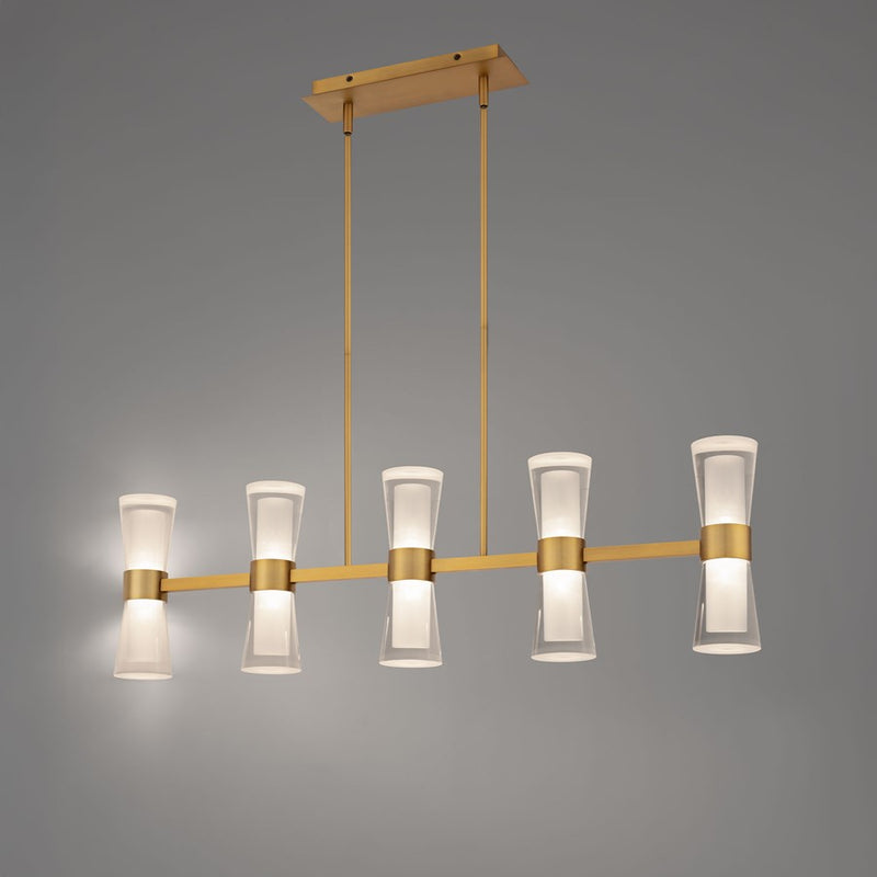 dweLED Hourglass 5Lt 36" Linear Pendant/3500K, Brass/Clear/Etch