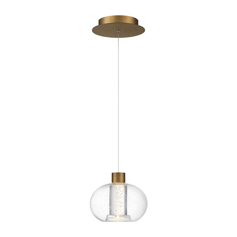 dweLED Crater 8" LED 1 Light Pendant, 3500K, Brass/Clear