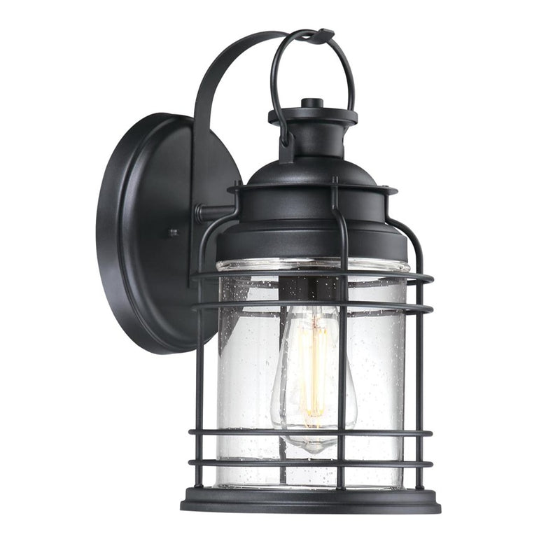 Westinghouse Kellen 14in 1-Light Outdoor Sconce | Textured Black and Clear Seeded Glass | Covered Porch & Entryway | 8 x 7 x 14 in | Model 6112500