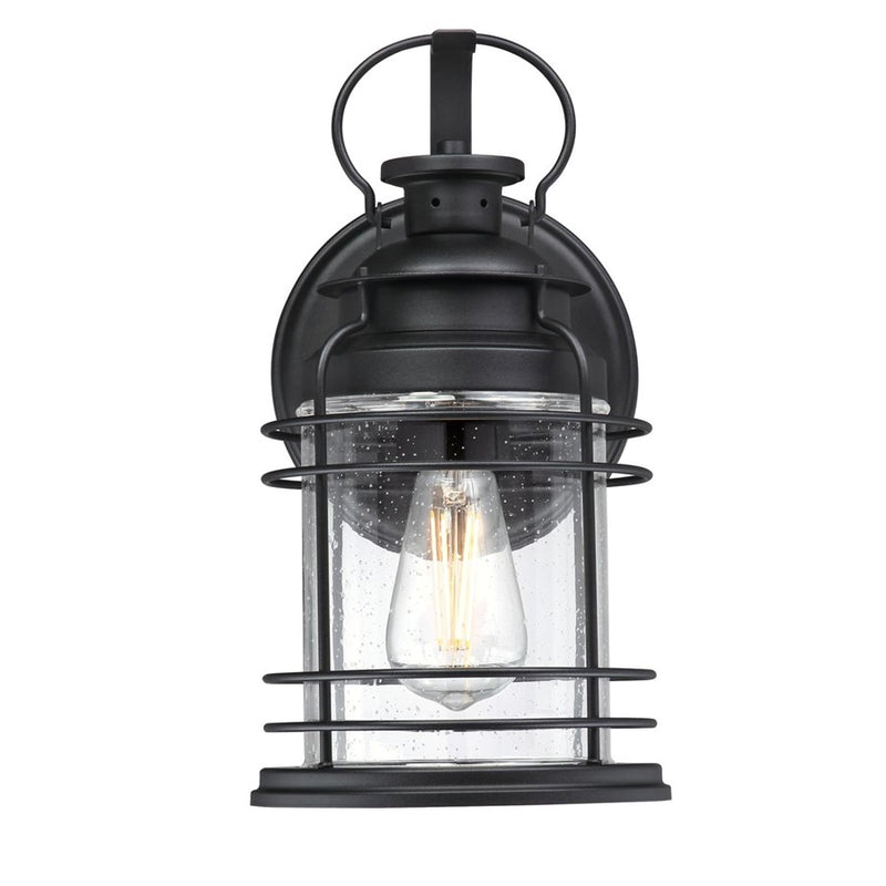 Westinghouse Kellen 14in 1-Light Outdoor Sconce | Textured Black and Clear Seeded Glass | Covered Porch & Entryway | 8 x 7 x 14 in | Model 6112500