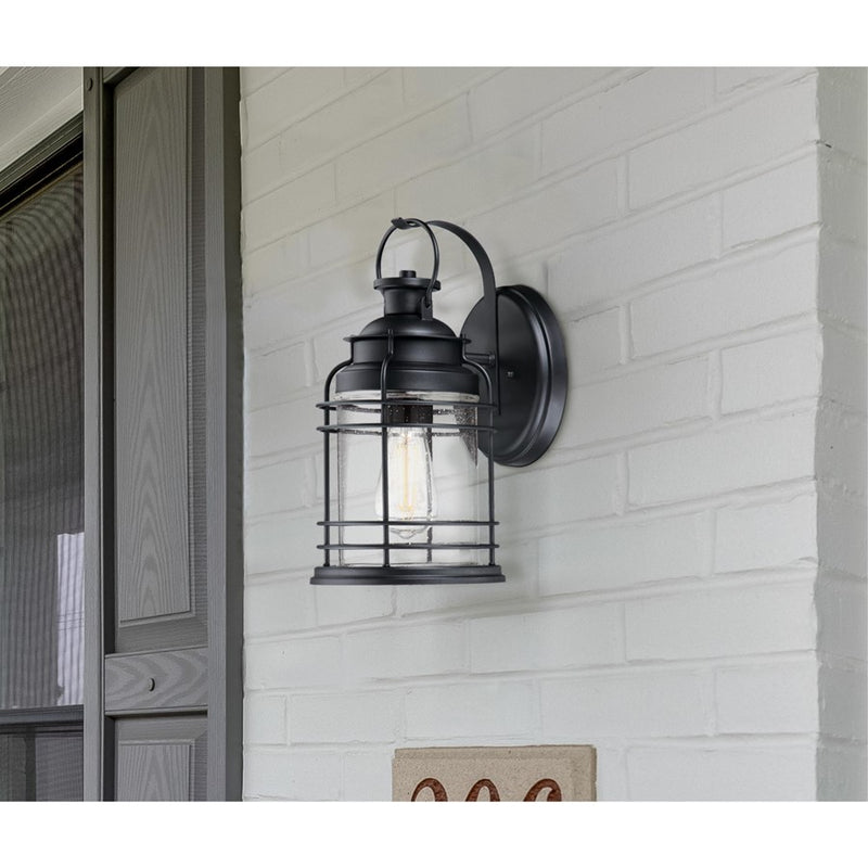 Westinghouse Kellen 14in 1-Light Outdoor Sconce | Textured Black and Clear Seeded Glass | Covered Porch & Entryway | 8 x 7 x 14 in | Model 6112500