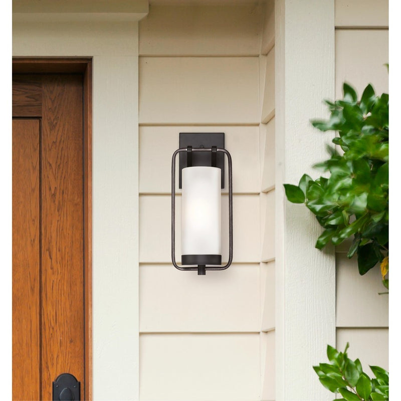 Westinghouse Galtero 15in 1-Light Outdoor Wall Sconce | Matte Black and Distressed Aluminum with White Frosted Glass | Entryway & | Model 6114400