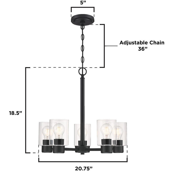 Westinghouse Sylvestre 5 Light Chandelier, Matte Black/Clear Glass