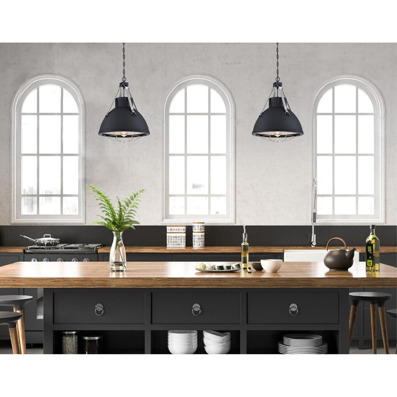 Westinghouse Bartley 16in 1-Light Pendant | Industrial Matte Black and Dark Pewter Cage Shade | Kitchen Island & Dining Room | Model 6116300