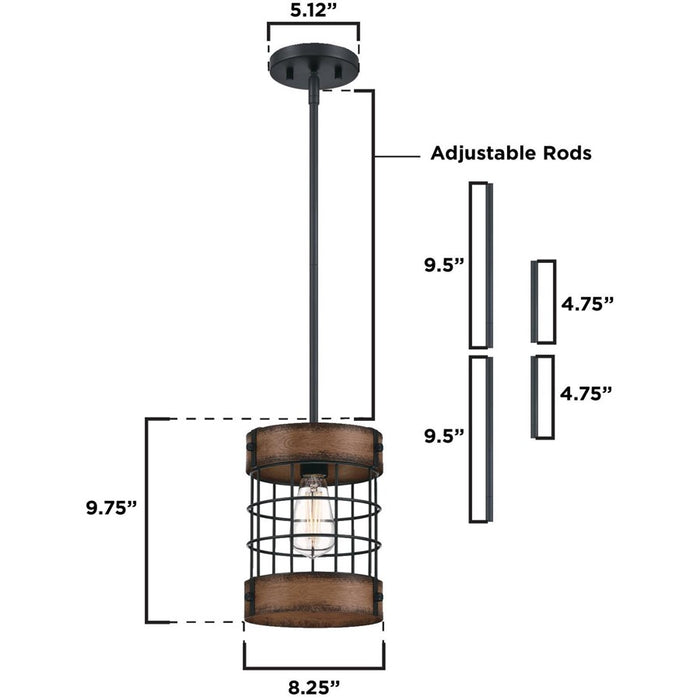 Westinghouse Langston 1 Light Pendant, Matte Black/Barnwood/Cage Shade