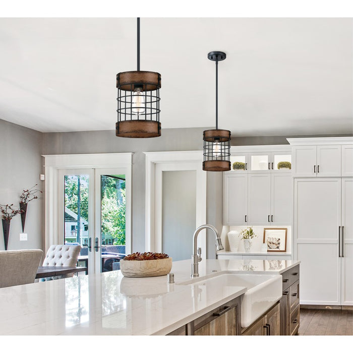 Westinghouse Langston 1 Light Pendant, Matte Black/Barnwood/Cage Shade