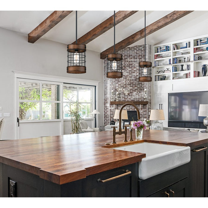 Westinghouse Langston 1 Light Pendant, Matte Black/Barnwood/Cage Shade