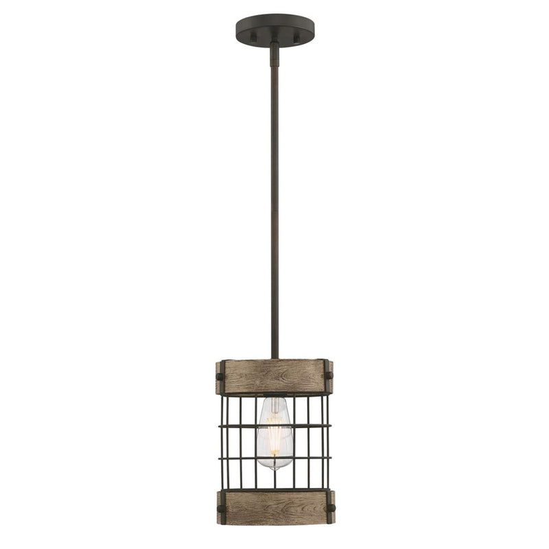 Westinghouse Langston 8in 1-Light Pendant | Vintage Oil-Rubbed Bronze and Vintage Pine Cage Shade | Kitchen Island & Dining Room | Model 6118000