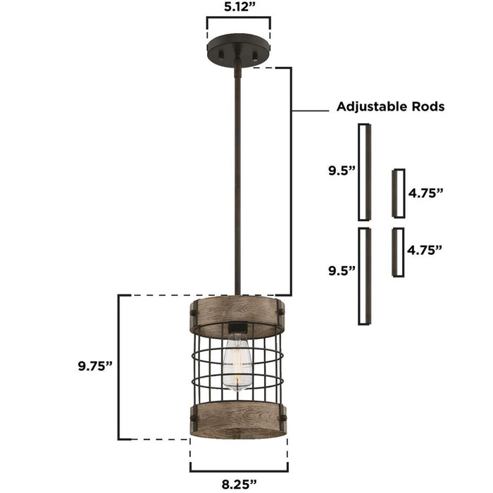 Westinghouse Langston 1 Light Pendant, Orb W/Vint Pine/Cage Shade