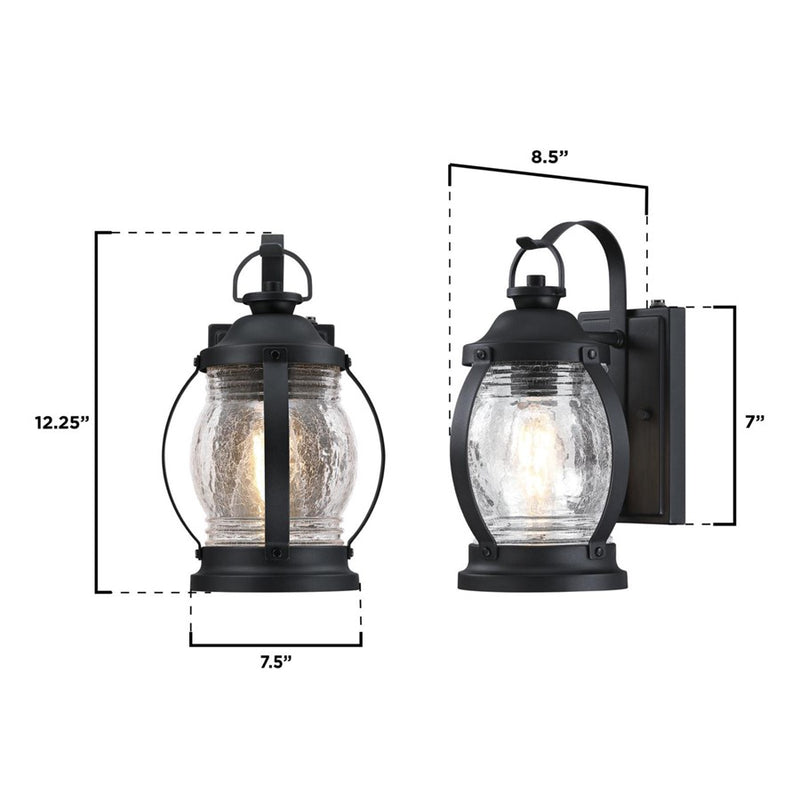 Westinghouse Canyon 12in 1-Light Outdoor Wall Sconce | Rustic Textured Black and Clear Crackle Glass | Porch & Patio Entryway | Model 6120400